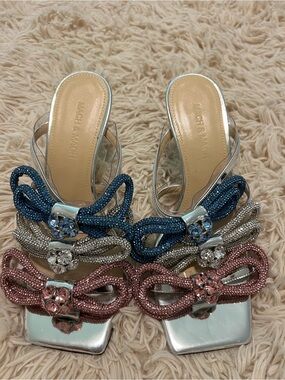 Mach & Mach Crystal Bow PVC Heels Silver Pink Blue Rhinestone Sandals IT 38